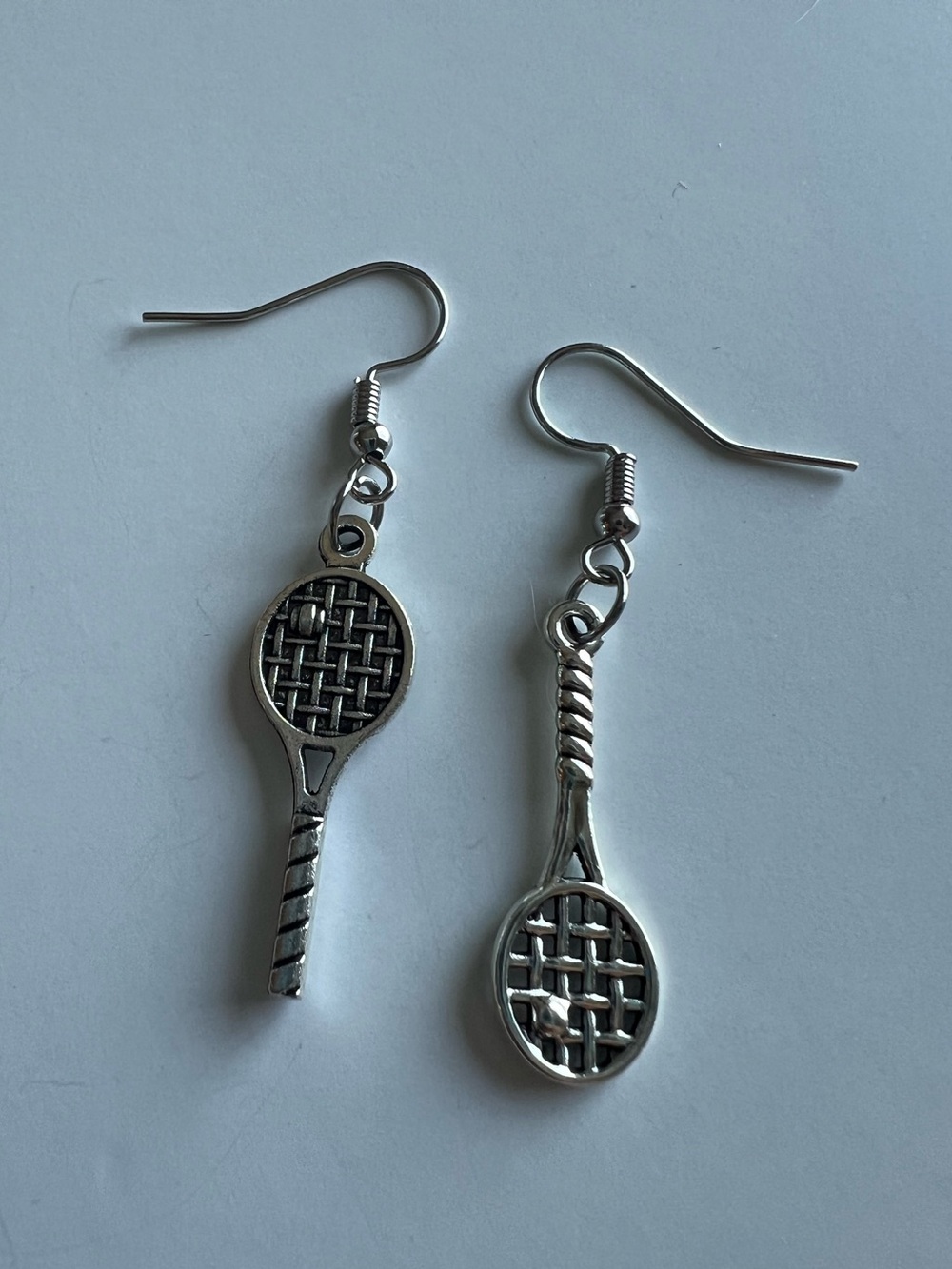 Handmade Silver Tennis Racket Earrings - - Picture 3 of 3